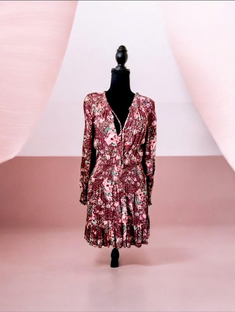 Aerie Burgundy Floral Long Sleeve Dress XS